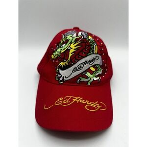 Ed Hardy Red  Embroidered Dragon Ball Cap Hat Strapback  Good Preowned‎  #n